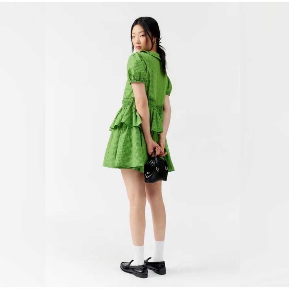 Urban Outfitters Green Gingham Smocked Tiered Ruffle Mini Dress OB1937570 M